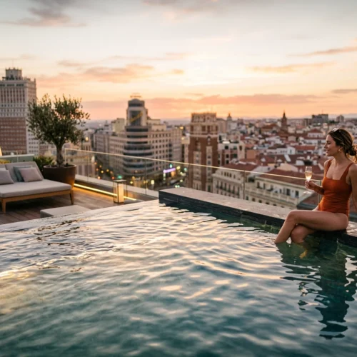 Piscina infinita en una azotea, con el agua en primer plano reflejando el cielo. Una persona está sentada en el borde, con las piernas dentro del agua y sosteniendo una copa. Al fondo se extiende una ciudad con edificios de distintas alturas y tejados, iluminados por la luz cálida del atardecer. El cielo presenta tonos suaves de naranja y azul, creando un ambiente urbano y tranquilo.
