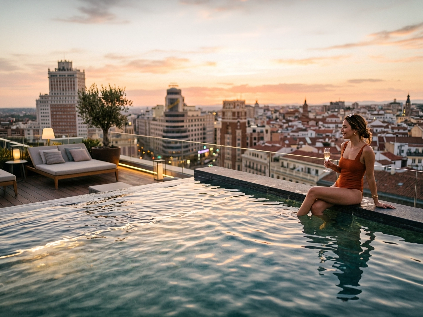 Piscina infinita en una azotea, con el agua en primer plano reflejando el cielo. Una persona está sentada en el borde, con las piernas dentro del agua y sosteniendo una copa. Al fondo se extiende una ciudad con edificios de distintas alturas y tejados, iluminados por la luz cálida del atardecer. El cielo presenta tonos suaves de naranja y azul, creando un ambiente urbano y tranquilo.