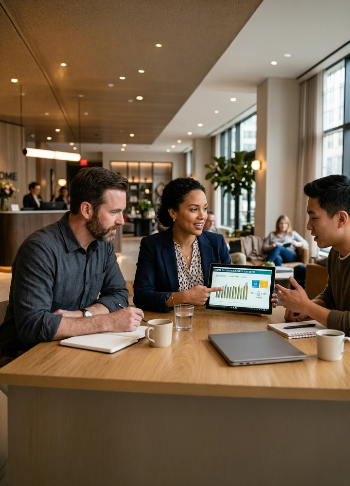 Mesa de madera en un espacio tipo cafetería u oficina moderna. Tres personas sentadas alrededor comparten una tableta en horizontal con gráficos de barras. Sobre la mesa hay cuadernos, tazas y un portátil.