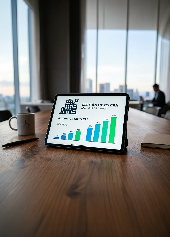 Tableta apoyada en horizontal sobre una mesa de madera en una oficina moderna con grandes ventanales. En la pantalla aparece un panel titulado “Gestión hotelera – Análisis de datos” con un gráfico de barras sobre ocupación hotelera, mostrando porcentajes crecientes en tonos azules y verdes. A la izquierda hay una taza y un bolígrafo; a la derecha, una libreta cerrada. Al fondo, espacio de trabajo desenfocado y vistas urbanas con luz natural.