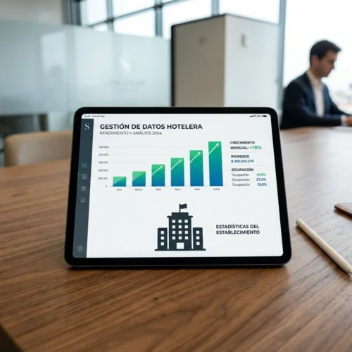 Tableta sobre mesa de madera en una sala de reuniones. En pantalla, panel “Gestión de datos hotelera” con gráfico de barras en crecimiento, indicadores de ingresos y ocupación. Fondo de oficina desenfocado.