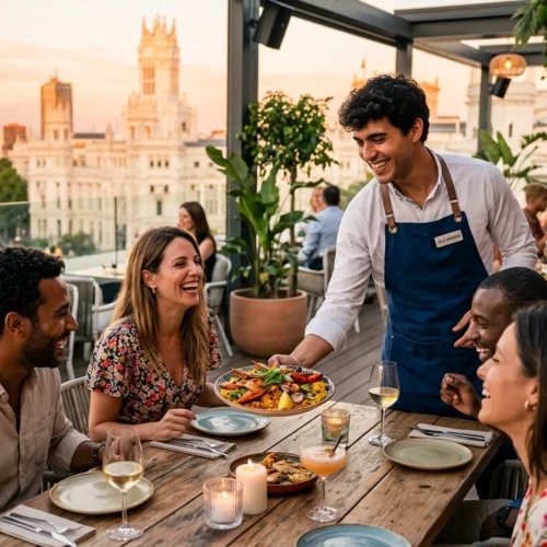 Terraza de un restaurante al aire libre al atardecer, con mesas de madera, velas encendidas y copas de vino. Una persona con delantal sirve un plato de comida colorida en una mesa ocupada por varias personas sentadas. Alrededor hay plantas en macetas, otras mesas con comensales y una vista urbana con un edificio histórico iluminado por la luz cálida del cielo.