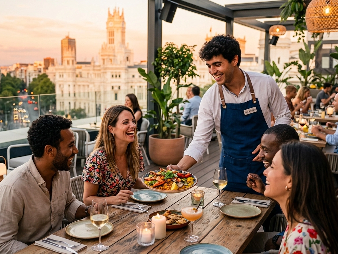 Terraza de un restaurante al aire libre al atardecer, con mesas de madera, velas encendidas y copas de vino. Una persona con delantal sirve un plato de comida colorida en una mesa ocupada por varias personas sentadas. Alrededor hay plantas en macetas, otras mesas con comensales y una vista urbana con un edificio histórico iluminado por la luz cálida del cielo.