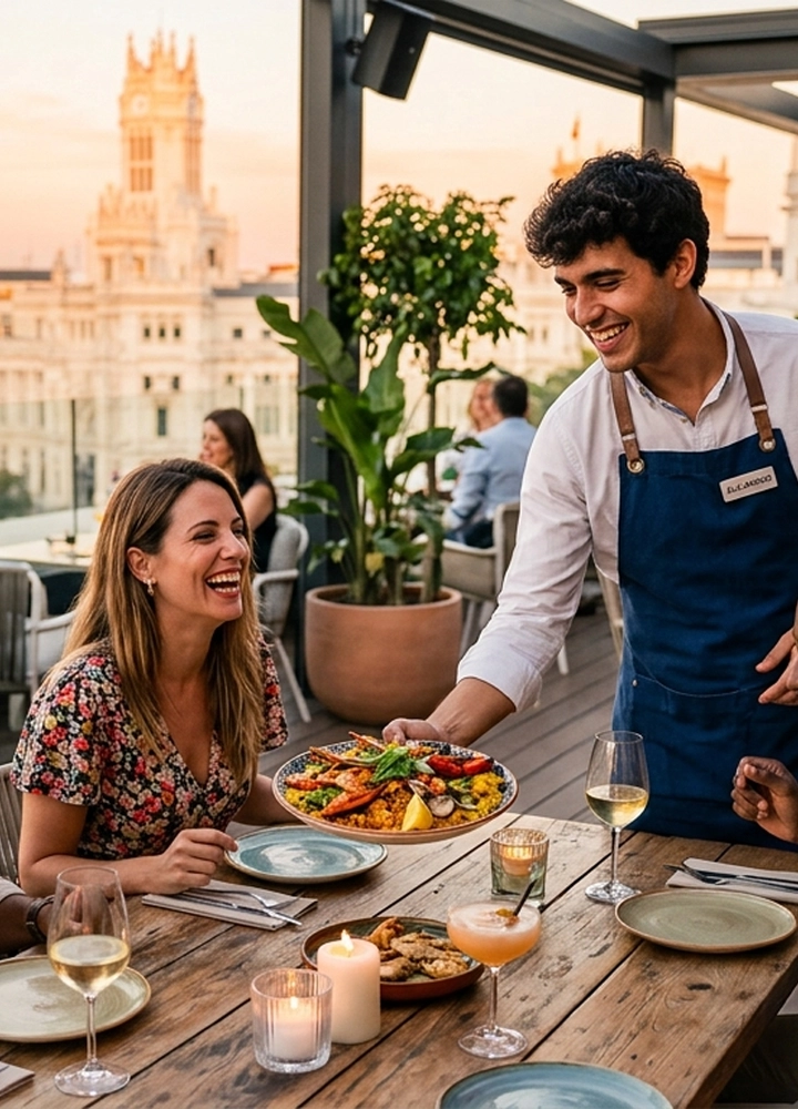 Terraza de un restaurante al aire libre, con mesas de madera dispuestas para la cena y velas encendidas. Una persona con delantal sirve un plato de comida colorida en una mesa donde otra persona está sentada. Sobre la mesa hay platos, cubiertos y copas con vino. Al fondo se aprecian otras mesas ocupadas, plantas en macetas y un edificio histórico iluminado por la luz cálida del atardecer.