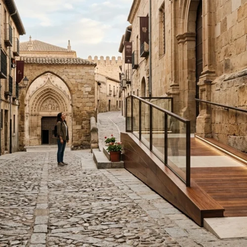 Calle empedrada de un casco histórico con edificios de piedra y arquitectura medieval. Una persona observa una fachada antigua junto a una rampa moderna de madera y cristal, con murallas y arcos al fondo.