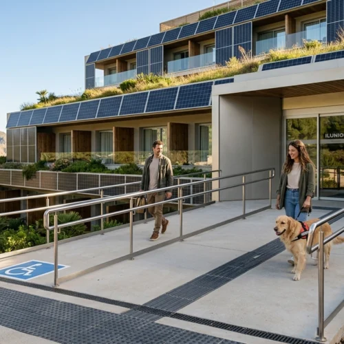 Entrada de un edificio moderno con fachada revestida de paneles solares y vegetación integrada en los balcones superiores. En primer plano, una rampa accesible con barandillas metálicas conduce a una puerta de cristal donde se lee el nombre “ILUNION”. Dos personas adultas caminan por la rampa en sentidos opuestos; una de ellas va acompañada de un perro guía con arnés. El entorno es luminoso, con materiales contemporáneos y sensación de espacio accesible y sostenible.
