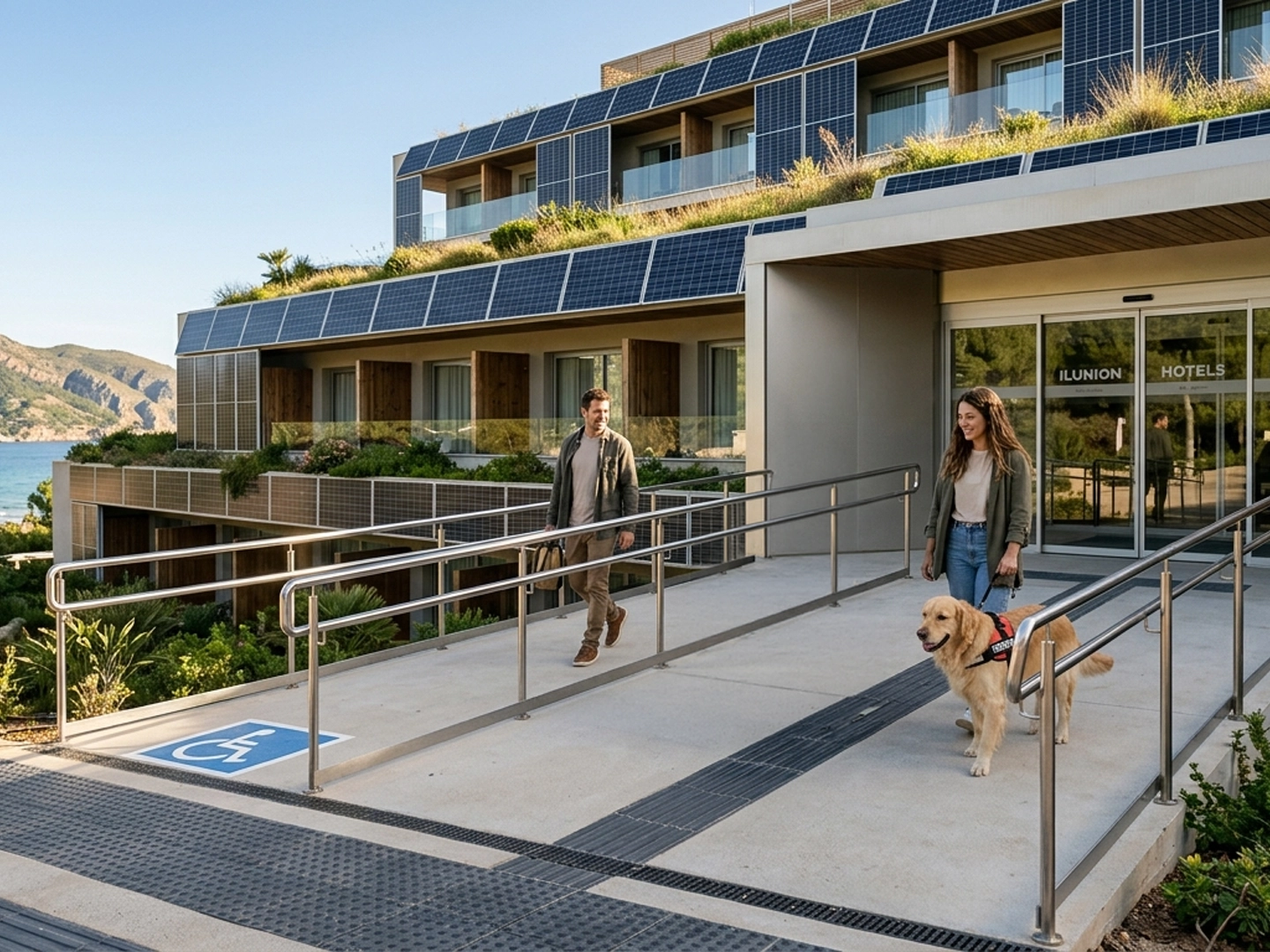 Entrada de un edificio moderno con fachada revestida de paneles solares y vegetación integrada en los balcones superiores. En primer plano, una rampa accesible con barandillas metálicas conduce a una puerta de cristal donde se lee el nombre “ILUNION”. Dos personas adultas caminan por la rampa en sentidos opuestos; una de ellas va acompañada de un perro guía con arnés. El entorno es luminoso, con materiales contemporáneos y sensación de espacio accesible y sostenible.