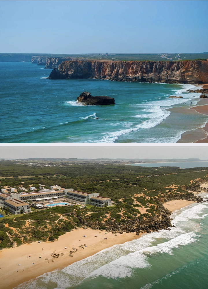 Composición con dos vistas aéreas de costa. En la parte superior, acantilados altos y rojizos bordean un mar azul intenso con olas rompiendo en una playa estrecha. En la parte inferior, una playa de arena clara junto a un complejo turístico rodeado de vegetación verde y rocas, con el mar en tonos verde y turquesa avanzando suavemente hacia la orilla.