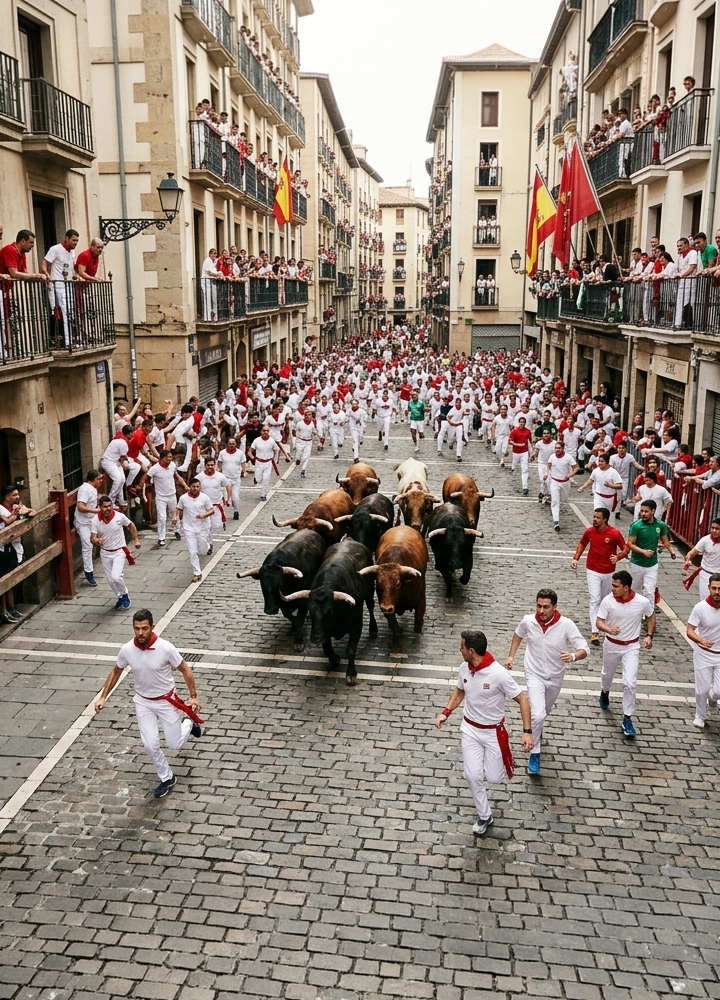 Calle estrecha de una ciudad histórica con edificios altos a ambos lados, balcones llenos de personas observando y banderas colgadas. En el centro de la calle, un grupo de toros corre por el empedrado, rodeado y seguido por numerosas personas vestidas de blanco con pañuelos rojos, que corren en la misma dirección. La escena está abarrotada, con más personas delante y detrás de los animales, y espectadores asomados a ventanas y balcones a lo largo de toda la calle. El suelo es de piedra gris y la perspectiva muestra profundidad hacia el fondo urbano.