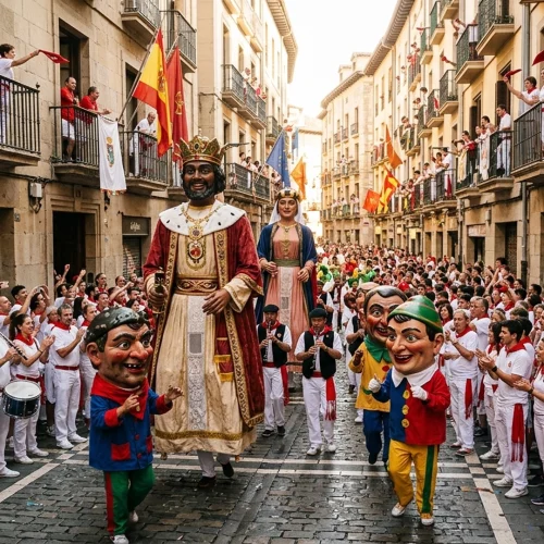Calle estrecha de un casco histórico, con edificios altos de piedra a ambos lados y balcones llenos de personas observando. En el centro avanza un desfile festivo: dos figuras gigantes vestidas con trajes tradicionales y coronas caminan por la calzada, acompañadas por varias figuras infantiles con trajes de colores. A ambos lados, una multitud vestida mayoritariamente de blanco con pañuelos rojos aplaude y forma un pasillo humano. Al fondo se ve la calle abarrotada, banderas colgadas en fachadas y un ambiente muy concurrido sobre el empedrado urbano.