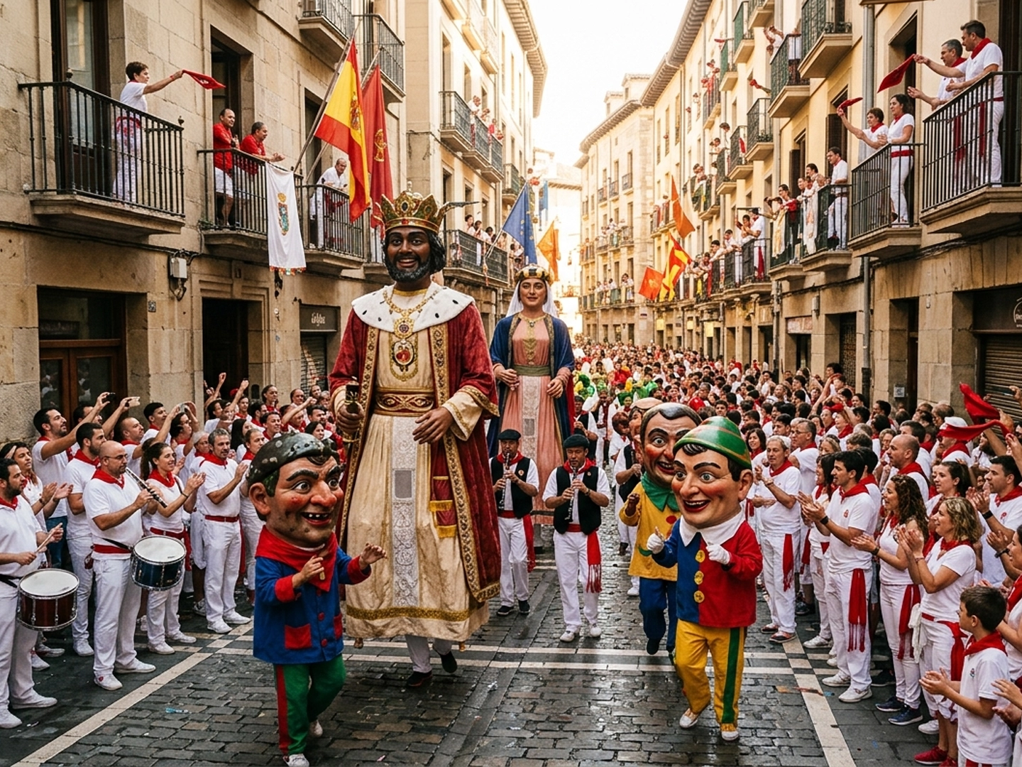 Calle estrecha de un casco histórico, con edificios altos de piedra a ambos lados y balcones llenos de personas observando. En el centro avanza un desfile festivo: dos figuras gigantes vestidas con trajes tradicionales y coronas caminan por la calzada, acompañadas por varias figuras infantiles con trajes de colores. A ambos lados, una multitud vestida mayoritariamente de blanco con pañuelos rojos aplaude y forma un pasillo humano. Al fondo se ve la calle abarrotada, banderas colgadas en fachadas y un ambiente muy concurrido sobre el empedrado urbano.