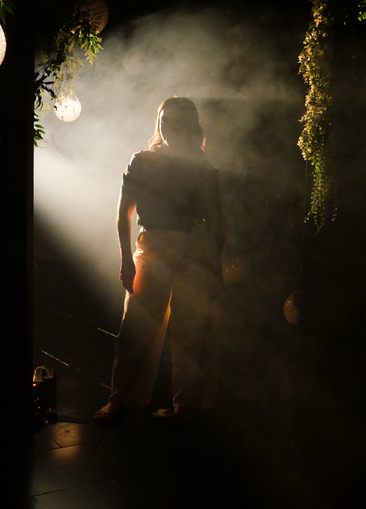 Escena nocturna con una persona de pie en el centro, iluminada a contraluz por un haz intenso de luz que atraviesa humo o niebla. La silueta queda enmarcada por vegetación colgante y una estructura oscura, creando un ambiente dramático y contrastado.