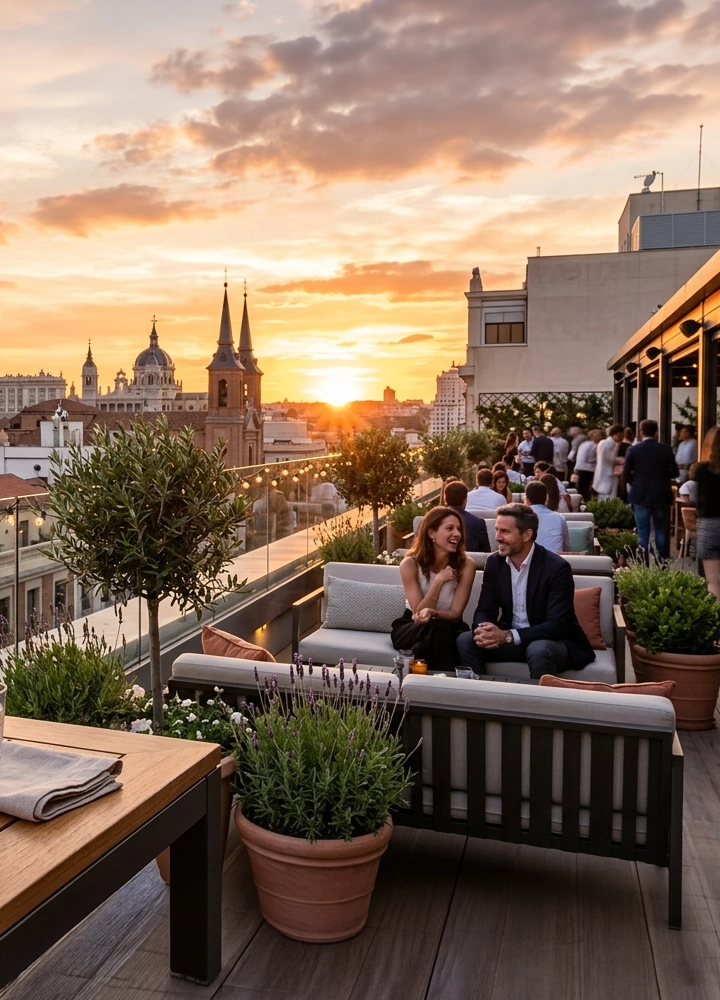 Terraza en la azotea de un edificio urbano al atardecer, con vistas elevadas a una ciudad histórica. En primer plano hay sofás claros con mesas bajas de madera y grandes macetas con plantas verdes. Dos personas están sentadas conversando en uno de los sofás. A la derecha, varias personas más se agrupan de pie junto a la barandilla y la fachada del local. Al fondo se distinguen cúpulas y torres de iglesias recortadas contra un cielo anaranjado y rosado, con el sol bajo iluminando los edificios y creando una atmósfera cálida.