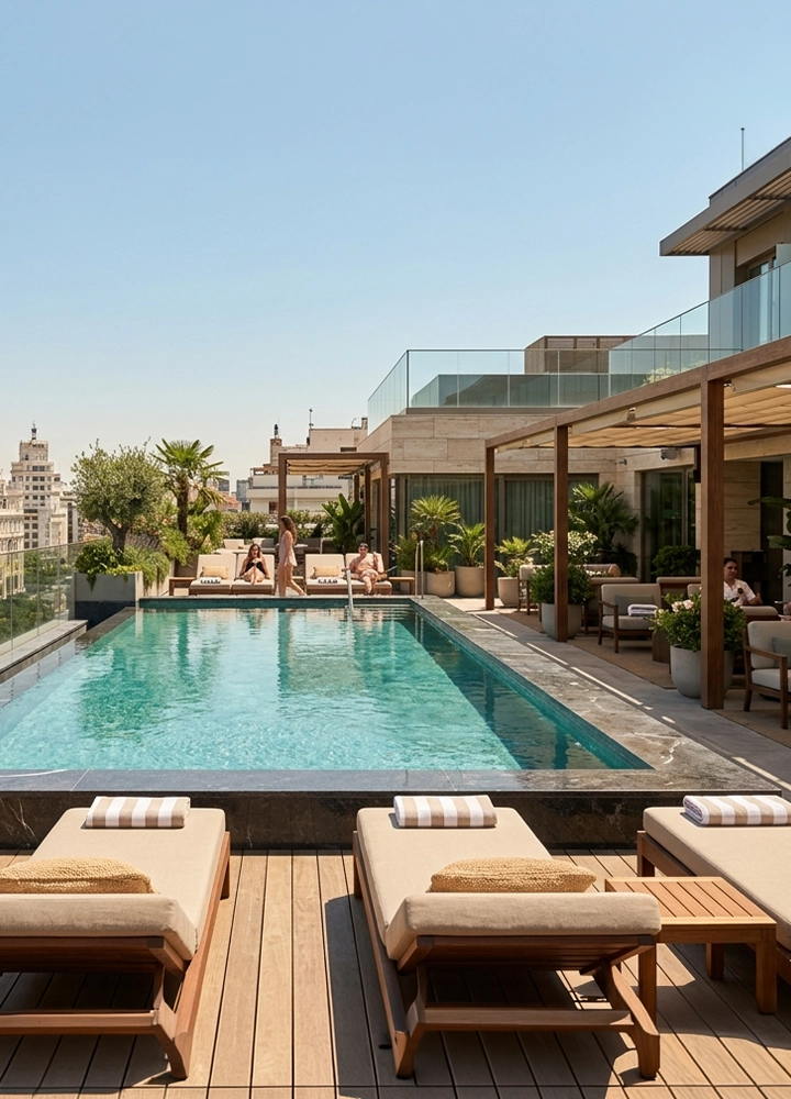 Piscina rectangular en la azotea de un edificio moderno, rodeada de una tarima de madera clara con varias tumbonas acolchadas alineadas en primer plano. El agua es azul y refleja el cielo despejado. Alrededor de la piscina hay macetas grandes con plantas y palmeras, creando un ambiente verde y cuidado. A la derecha, una estructura de pérgolas de madera cubre una zona de descanso con sofás y mesas. Al fondo se aprecian edificios urbanos de distintas alturas y una terraza superior con barandillas de cristal, todo iluminado por luz natural diurna.