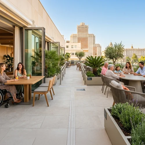 Terraza amplia y accesible en la azotea de un edificio, con mesas de madera, sofás y jardineras con plantas. Varias personas están sentadas conversando y tomando algo; una de ellas utiliza una silla de ruedas junto a una mesa. El espacio tiene puertas acristaladas abiertas hacia el interior y un suelo liso con guías táctiles. Al fondo se ve un entorno urbano con edificios emblemáticos bajo un cielo despejado y luz de día.