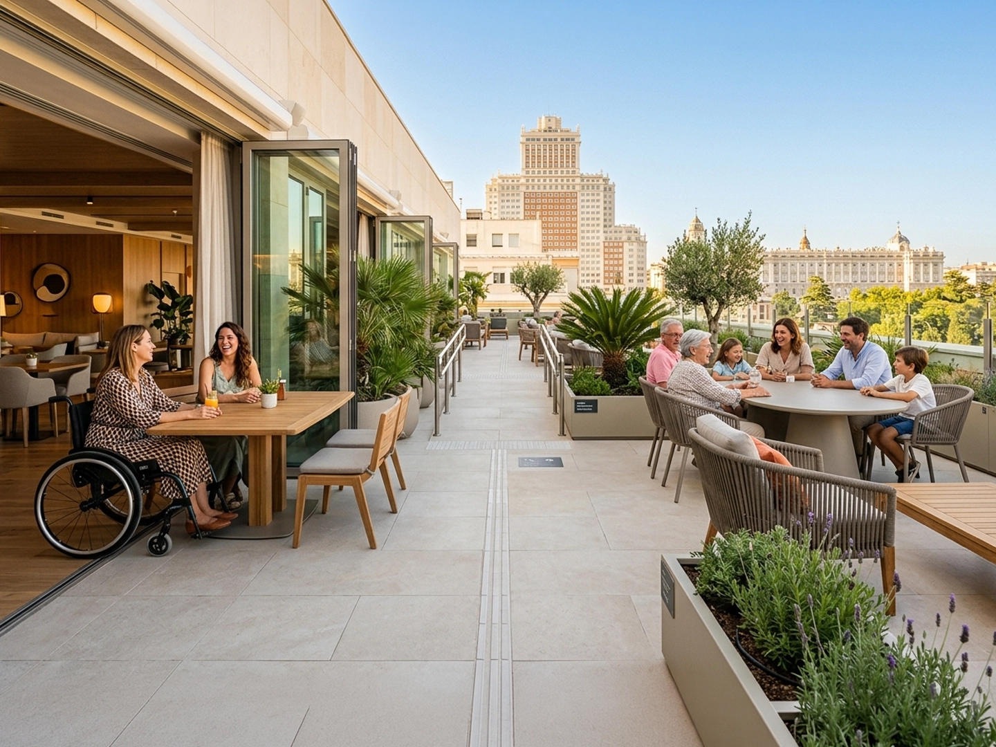Terraza amplia y accesible en la azotea de un edificio, con mesas de madera, sofás y jardineras con plantas. Varias personas están sentadas conversando y tomando algo; una de ellas utiliza una silla de ruedas junto a una mesa. El espacio tiene puertas acristaladas abiertas hacia el interior y un suelo liso con guías táctiles. Al fondo se ve un entorno urbano con edificios emblemáticos bajo un cielo despejado y luz de día.