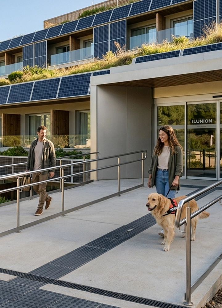 Entrada de un edificio moderno con fachada revestida de paneles solares y vegetación integrada en los balcones superiores. En primer plano, una rampa accesible con barandillas metálicas conduce a una puerta de cristal donde se lee el nombre “ILUNION”. Dos personas adultas caminan por la rampa en sentidos opuestos; una de ellas va acompañada de un perro guía con arnés. El entorno es luminoso, con materiales contemporáneos y sensación de espacio accesible y sostenible.