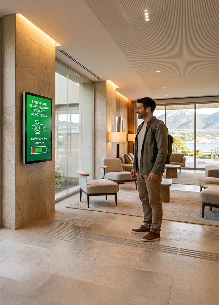 Vestíbulo moderno y luminoso con suelo de piedra clara, sillones y mesas de tonos neutros. A la izquierda, una pantalla digital integrada en una columna muestra el texto “Sistema de climatización eficiente. Geotermia. 44 MWh de ahorro anual”. En primer plano, una persona adulta de pie observa la pantalla. Al fondo, grandes ventanales dejan ver un paisaje de montañas y vegetación.