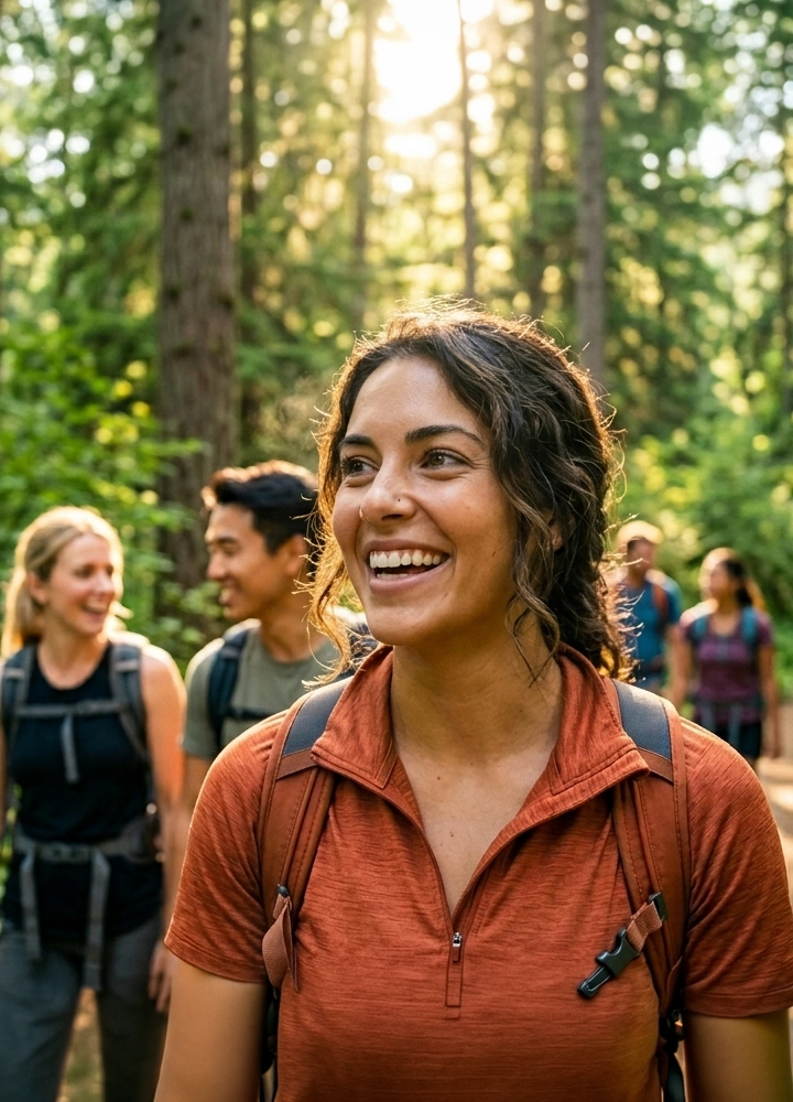 Persona en primer plano caminando por un sendero forestal, con mochila y ropa de senderismo, mientras varias personas más avanzan detrás entre árboles altos y vegetación verde, con luz solar filtrándose entre el bosque.