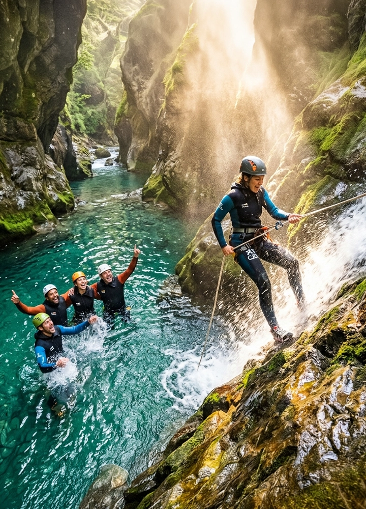 Persona descendiendo por una pared rocosa con cuerda en un cañón estrecho, mientras otras cuatro personas con casco y traje acuático están en el agua turquesa entre paredes cubiertas de musgo y una cascada.