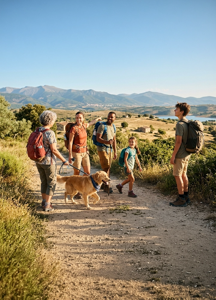 Grupo de personas caminando por un sendero rural con mochilas, acompañadas de un perro con correa, en un paisaje abierto con colinas, un lago al fondo y cielo despejado.