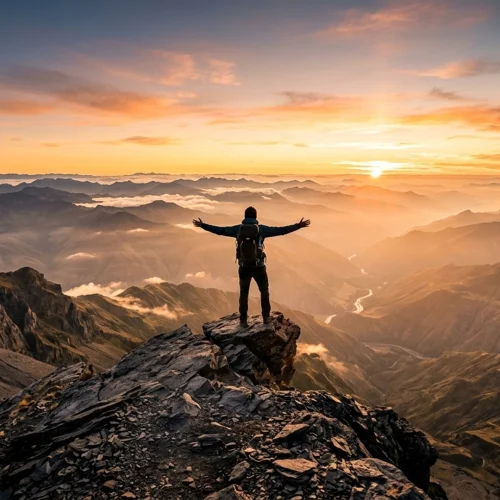 Persona de espaldas sobre una roca en la cima de una montaña, con mochila y brazos extendidos, frente a un amplio paisaje de cordilleras y valles cubiertos de nubes bajas, iluminados por la luz dorada del amanecer.