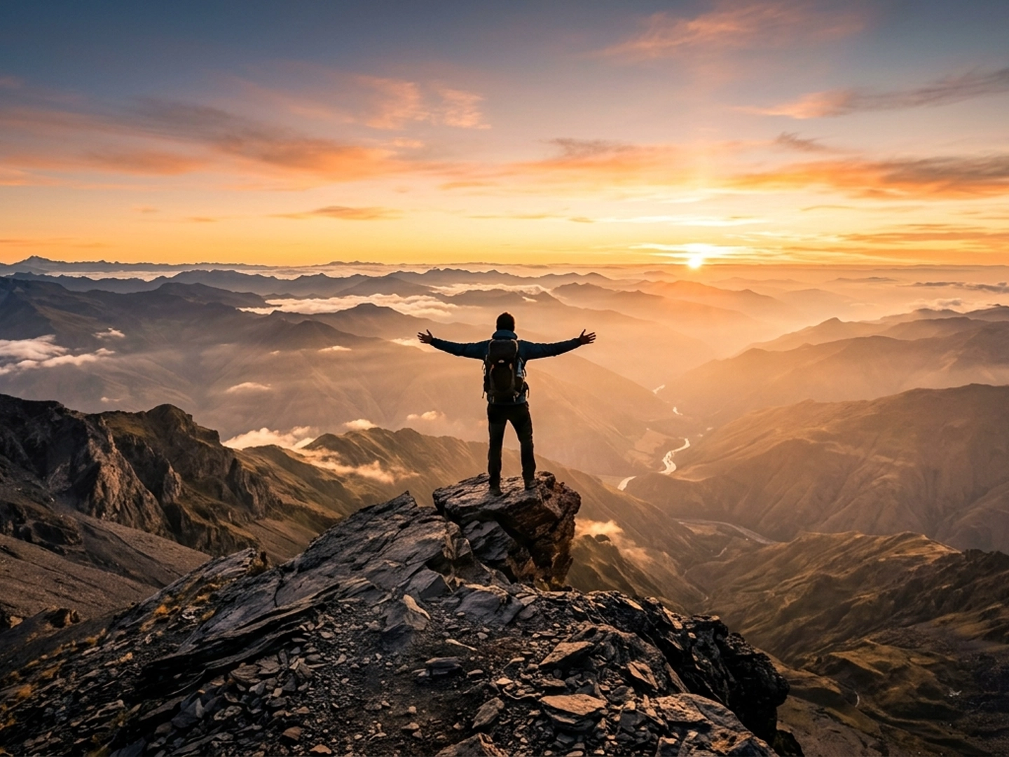 Persona de espaldas sobre una roca en la cima de una montaña, con mochila y brazos extendidos, frente a un amplio paisaje de cordilleras y valles cubiertos de nubes bajas, iluminados por la luz dorada del amanecer.