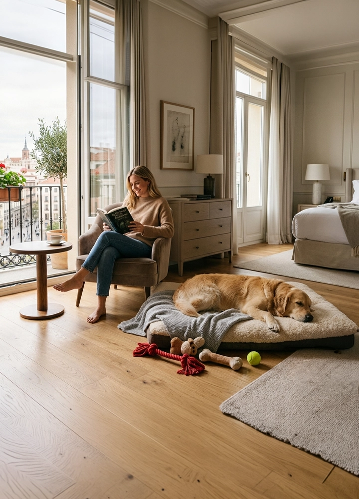 Espacio interior luminoso con grandes ventanales y balcón, suelo de madera y decoración clara. Una persona sentada en un sillón lee un libro junto a una mesa pequeña, mientras un perro grande duerme sobre una cama acolchada en el suelo, rodeado de juguetes. Al fondo se ve una cama hecha y muebles de estilo minimalista, con luz natural entrando por las ventanas.