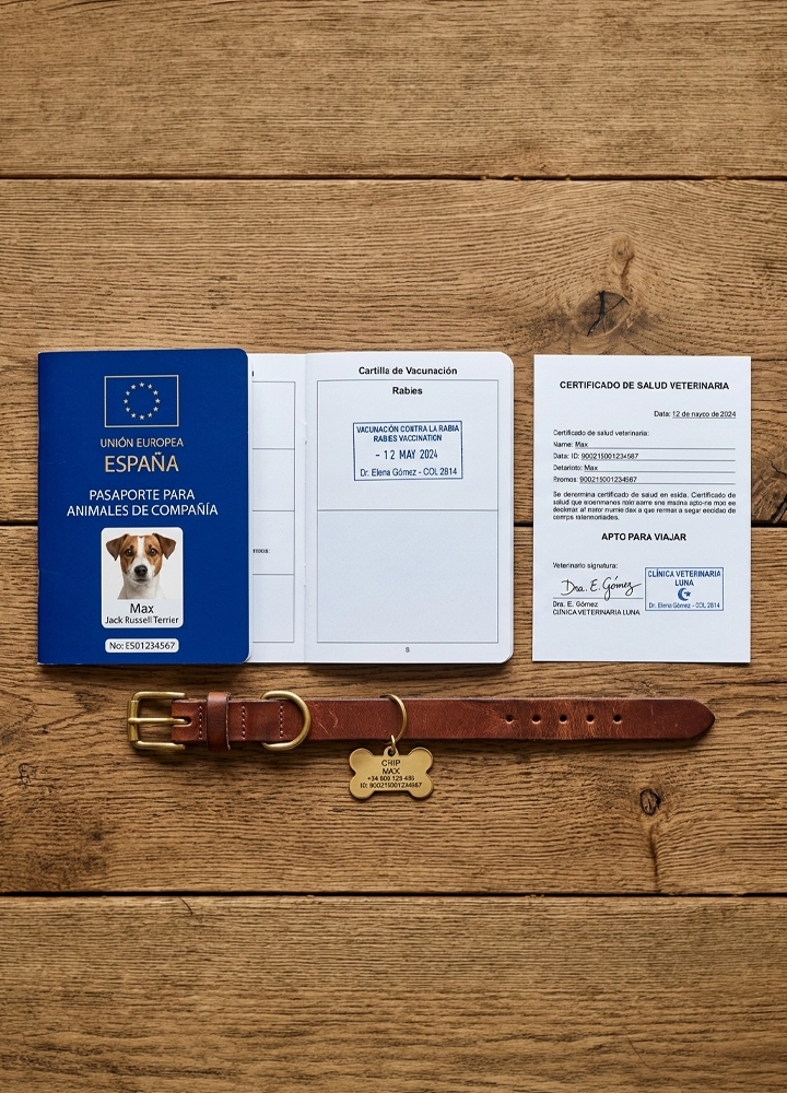Pasaporte para animales de compañía de la Unión Europea, España, abierto sobre una mesa de madera. A la izquierda aparece la portada azul con la foto de un perro y el nombre “Max”. En el centro se ve la cartilla de vacunación con el apartado de rabia y fechas anotadas. A la derecha hay un certificado de salud veterinaria con texto impreso y sello. En la parte inferior, un collar marrón con una placa metálica identificativa.