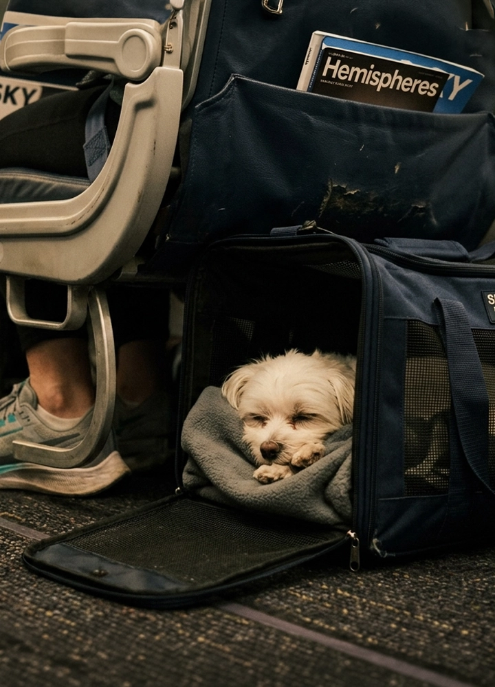 Interior de un avión, con el respaldo de un asiento y el bolsillo delantero que contiene una revista titulada “Hemispheres”. En el suelo, bajo el asiento, hay un transportín blando parcialmente abierto con una manta en el interior y un animal pequeño dentro. A la izquierda se ve el reposapiés y el calzado de una persona sentada.