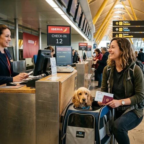 Mostrador de facturación de Iberia en un aeropuerto, con señalización amarilla de salidas y pantallas informativas al fondo. En primer plano, una persona con mochila presenta documentación en el mostrador mientras sostiene un transportín con un perro pequeño dentro. Al otro lado del mostrador hay personal de la aerolínea con un ordenador. Alrededor se ven otros viajeros, maletas y el espacio amplio y luminoso de la terminal.