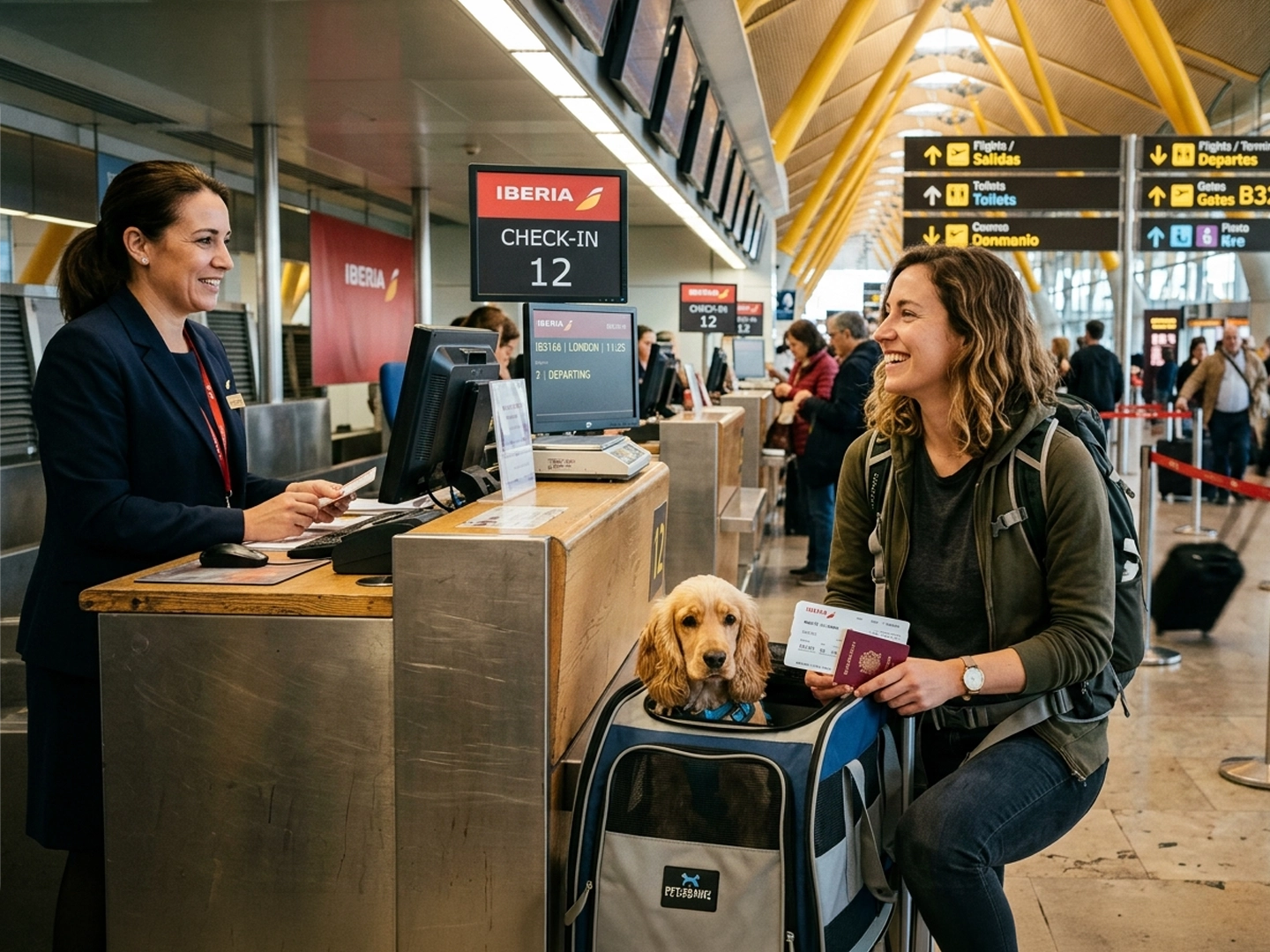 Mostrador de facturación de Iberia en un aeropuerto, con señalización amarilla de salidas y pantallas informativas al fondo. En primer plano, una persona con mochila presenta documentación en el mostrador mientras sostiene un transportín con un perro pequeño dentro. Al otro lado del mostrador hay personal de la aerolínea con un ordenador. Alrededor se ven otros viajeros, maletas y el espacio amplio y luminoso de la terminal.
