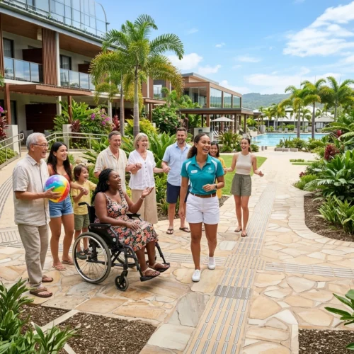 Camino exterior de un complejo hotelero con pavimento de piedra y una franja central podotáctil, rodeado de jardines con palmeras y una piscina a la derecha. Un grupo de personas avanza por el recorrido; una persona se desplaza en silla de ruedas y va acompañada por varias personas a pie. Al fondo se ven edificios modernos de dos plantas con balcones, en un entorno luminoso y accesible.