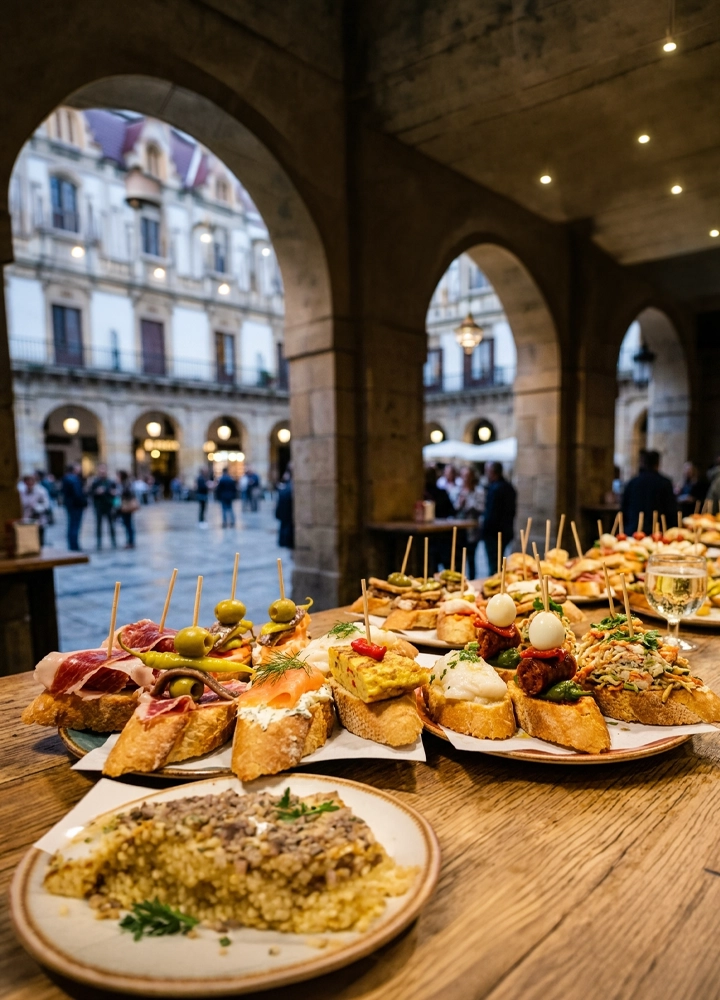 Mesa de madera repleta de pintxos y pequeñas tapas colocadas sobre rebanadas de pan, con palillos clavados en cada una. Se distinguen ingredientes variados como jamón, queso, anchoas, aceitunas, pimientos, tortilla y mariscos, junto a una copa de vino blanco situada a la derecha. En primer plano hay un plato con una tapa triturada o paté de color claro, decorado con hierbas. La mesa está situada bajo unos soportales de piedra con grandes arcos. Al fondo se abre una plaza amplia con personas caminando y edificios históricos con balcones y fachadas claras. La iluminación es cálida, creando un ambiente animado y gastronómico típico de una zona urbana tradicional.