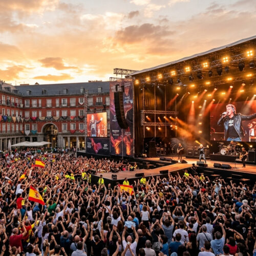 Plaza urbana llena de público durante un concierto al aire libre, al atardecer. En primer plano se extiende una multitud numerosa con los brazos levantados, algunas personas sostienen banderas de España. Al fondo hay un gran escenario con estructura metálica, pantallas gigantes y focos encendidos en tonos cálidos. Sobre el escenario actúa un grupo musical, con una persona cantante en el centro y varios músicos alrededor. Detrás del escenario se ven edificios históricos de varias plantas con fachadas rojas y balcones, iluminados por la luz dorada del cielo con nubes dispersas.