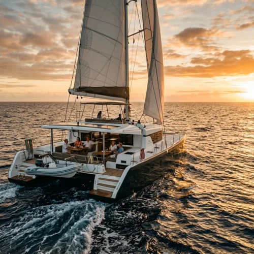Catamarán de vela navegando en mar abierto al atardecer. La embarcación avanza dejando una estela blanca sobre el agua oscura, con las velas izadas y varias personas reunidas en la cubierta. El sol bajo ilumina el horizonte y tiñe el cielo y el mar de tonos dorados y anaranjados, creando una escena amplia y tranquila.