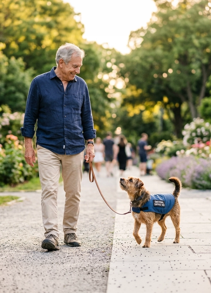 Sendero de grava en un parque arbolado, con flores y vegetación a ambos lados. Una persona camina sujetando una correa corta junto a un perro de pelo áspero marrón que lleva un chaleco azul con el texto “Emotional Support Dog”; al fondo se ven otras personas paseando entre los árboles.