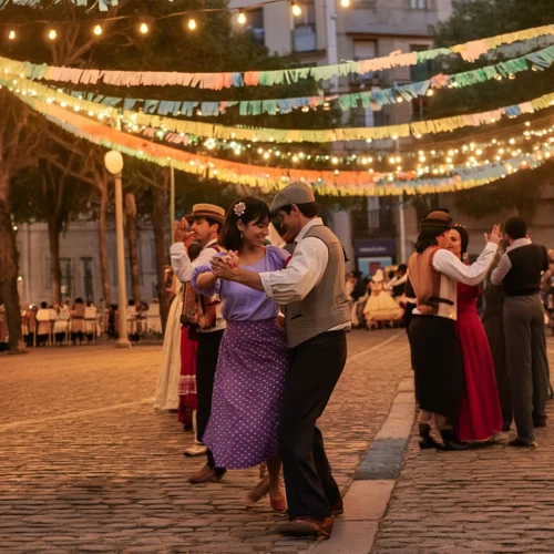 Plaza al aire libre al anochecer con suelo empedrado, decorada con varias guirnaldas de luces cálidas y banderines de colores que cruzan el espacio de lado a lado. En el centro y primer plano, varias parejas bailan juntas, colocadas en filas, con pasos coordinados. La ropa es tradicional o de estilo antiguo, con faldas largas, chalecos, camisas y sombreros. En el fondo, mesas y sillas ocupan parte de la plaza, con más personas sentadas y otras de pie observando la escena. Los edificios que rodean la plaza quedan en penumbra, mientras la iluminación decorativa resalta el ambiente festivo y comunitario. El conjunto transmite una celebración popular en un entorno urbano histórico.