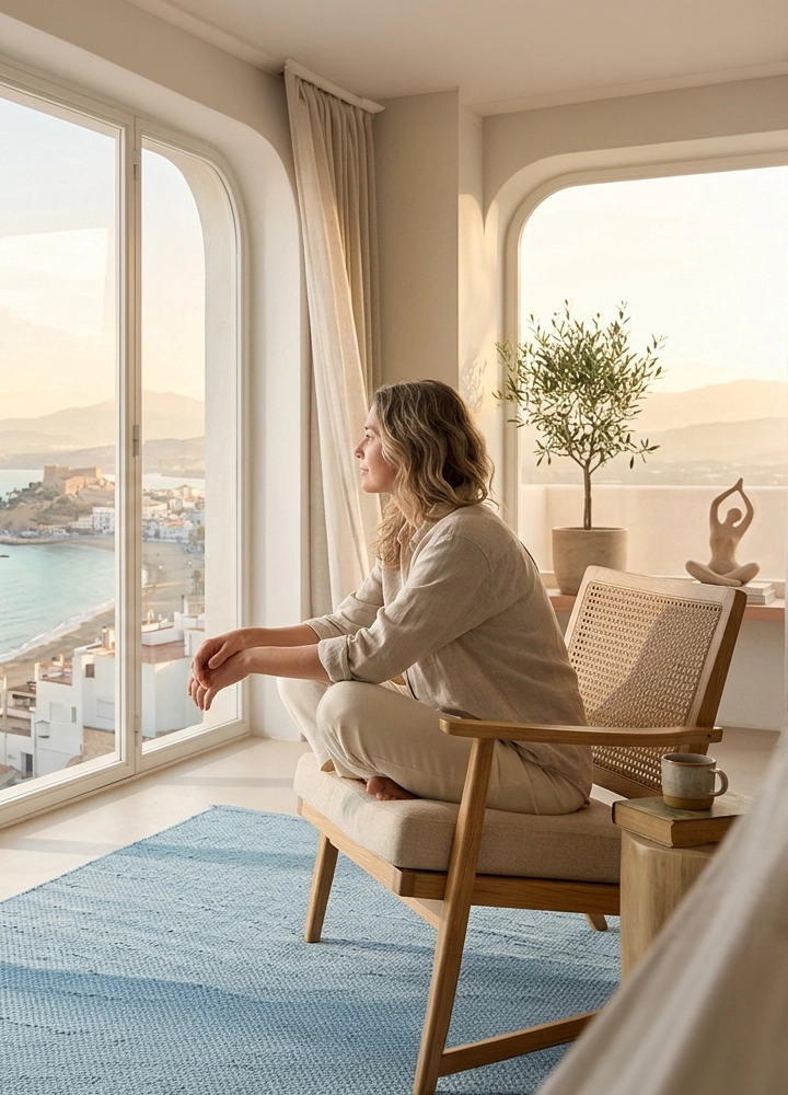 Interior luminoso con grandes ventanales de suelo a techo que dan al mar. Una persona adulta está sentada en un sillón de madera con cojín claro, junto a una alfombra azul, mirando hacia la vista exterior. Frente a las ventanas se ve una costa con casas blancas, el mar azul y montañas al fondo. El espacio tiene cortinas claras, una planta en maceta y una pequeña escultura decorativa, con luz natural suave entrando en la estancia.