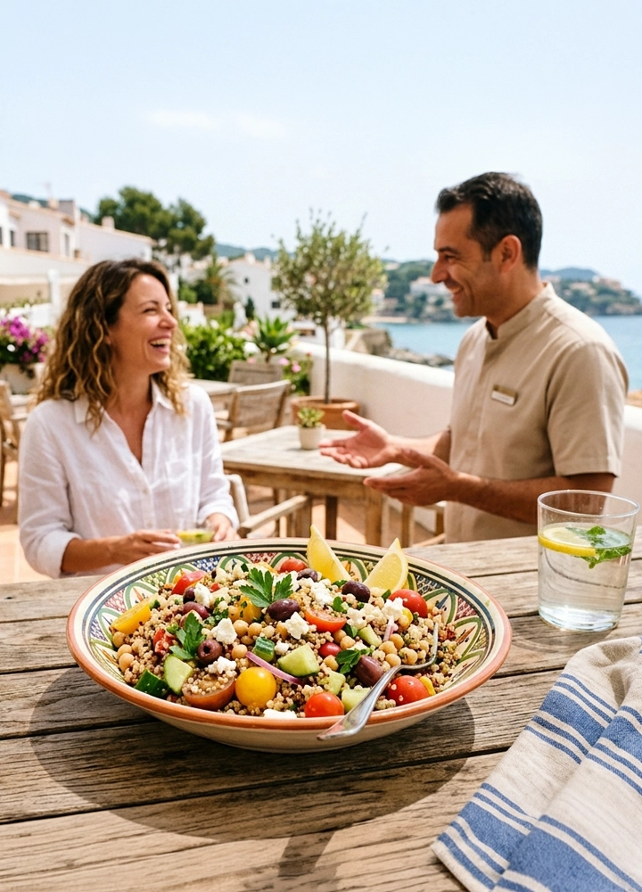 Terraza al aire libre junto al mar con una mesa de madera. En primer plano hay un gran plato con ensalada de garbanzos, tomates cherry, pepino, aceitunas, queso blanco, hierbas y gajos de limón. Dos personas adultas están sentadas frente a frente, con los rostros desenfocados. Al fondo se ven plantas, casas claras y el mar bajo un cielo despejado.