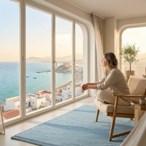 Interior luminoso con grandes ventanales de suelo a techo que dan al mar. Una persona adulta está sentada en un sillón de madera con cojín claro, junto a una alfombra azul, mirando hacia la vista exterior. Frente a las ventanas se ve una costa con casas blancas, el mar azul y montañas al fondo. El espacio tiene cortinas claras, una planta en maceta y una pequeña escultura decorativa, con luz natural suave entrando en la estancia.