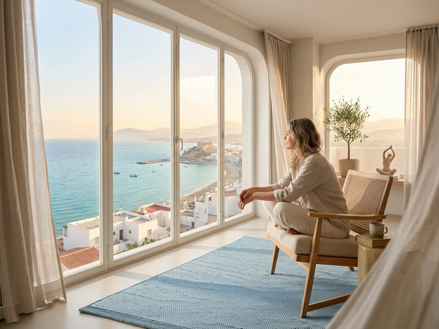 Interior luminoso con grandes ventanales de suelo a techo que dan al mar. Una persona adulta está sentada en un sillón de madera con cojín claro, junto a una alfombra azul, mirando hacia la vista exterior. Frente a las ventanas se ve una costa con casas blancas, el mar azul y montañas al fondo. El espacio tiene cortinas claras, una planta en maceta y una pequeña escultura decorativa, con luz natural suave entrando en la estancia.