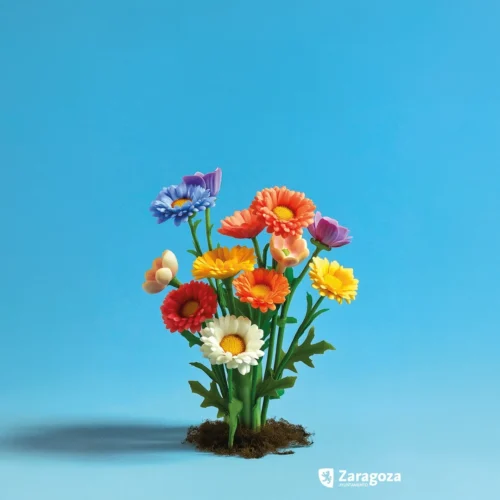 Ramo de flores de colores vivos colocado sobre un pequeño montículo de tierra, centrado sobre un fondo liso azul. El ramo combina flores abiertas en tonos naranja, amarillo, blanco, rojo, rosa y azul, con tallos verdes visibles. La iluminación es uniforme y resalta el contraste entre los colores intensos de las flores y el fondo limpio. En la esquina inferior derecha aparece el logotipo y el texto “Zaragoza”.