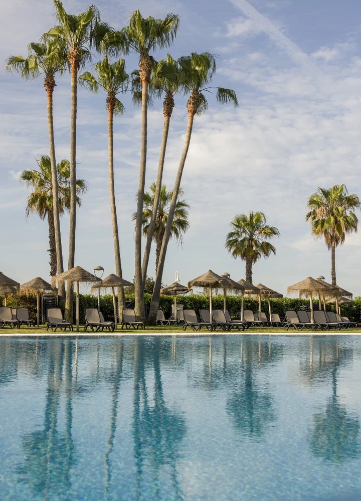 Hotel de la cadena ILUNION Hotels al atardecer, con piscina, palmeras y tumbonas sobre césped.