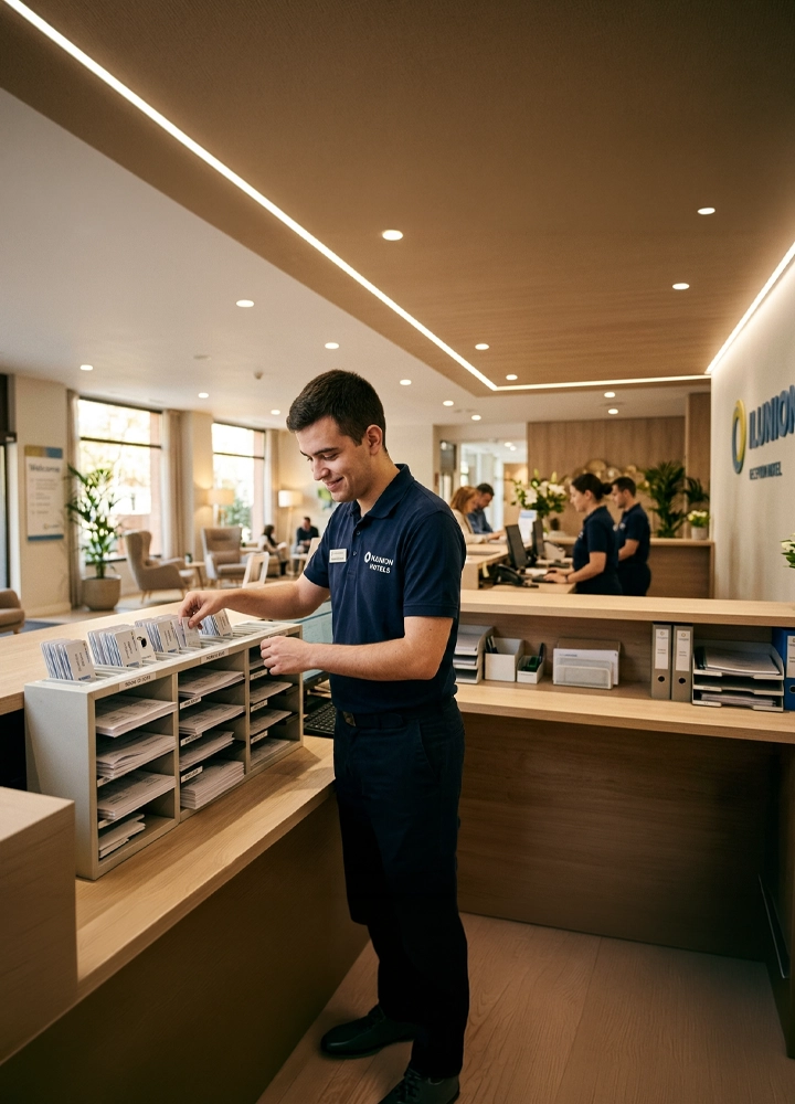 Mostrador de recepción en un espacio interior moderno y luminoso, con suelo y mobiliario de madera clara. En primer plano, una persona con uniforme oscuro organiza folletos o documentos en un mueble clasificador sobre el mostrador. Al fondo, varias personas con el mismo uniforme trabajan en puestos informáticos detrás del mostrador. La iluminación es cálida, con luces empotradas en el techo y plantas decorativas repartidas por la sala. En la pared derecha se ve el logotipo de ILUNION Hotels.