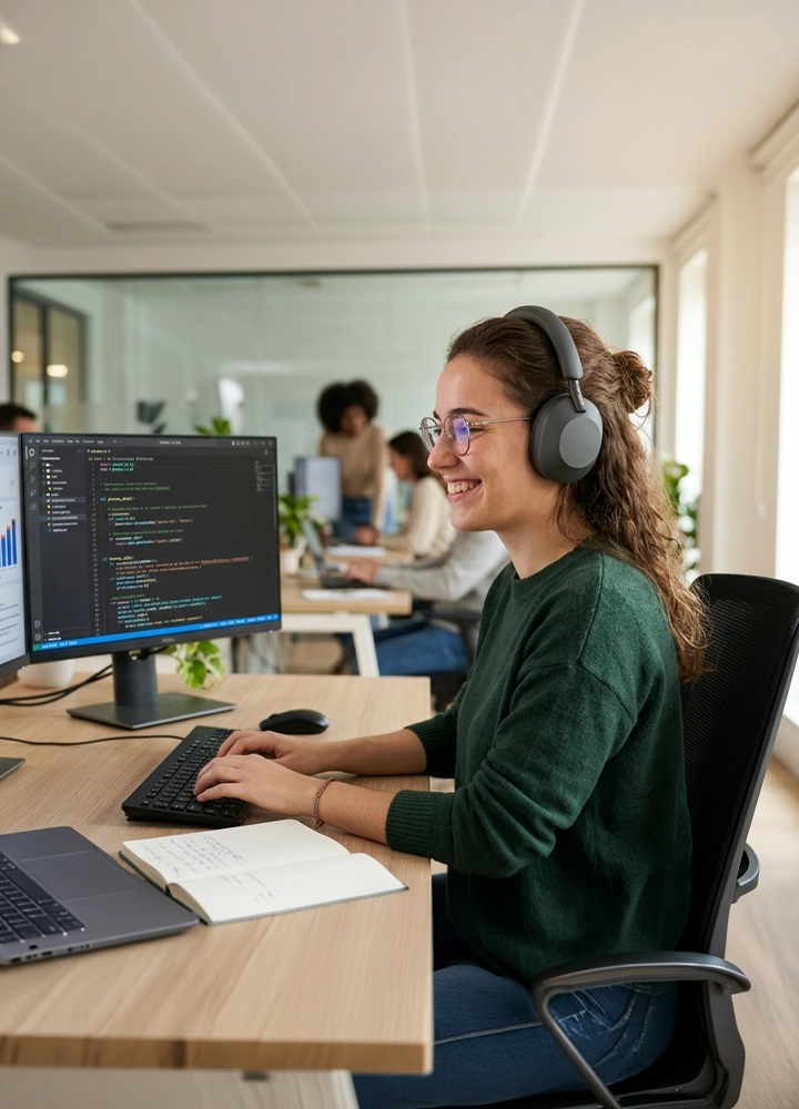Oficina moderna y luminosa con mesas de madera clara. En primer plano, una persona sentada trabaja frente a un monitor con código informático, usando teclado, ratón y auriculares; hay un cuaderno abierto sobre la mesa. Al fondo, tras un panel de cristal, varias personas trabajan en grupo. Hay plantas, paredes claras y luz natural entrando por las ventanas.