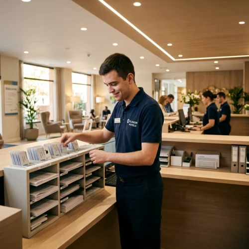 Mostrador de recepción en un espacio interior moderno y luminoso, con suelo y mobiliario de madera clara. En primer plano, una persona con uniforme oscuro organiza folletos o documentos en un mueble clasificador sobre el mostrador. Al fondo, varias personas con el mismo uniforme trabajan en puestos informáticos detrás del mostrador. La iluminación es cálida, con luces empotradas en el techo y plantas decorativas repartidas por la sala. En la pared derecha se ve el logotipo de ILUNION Hotels.