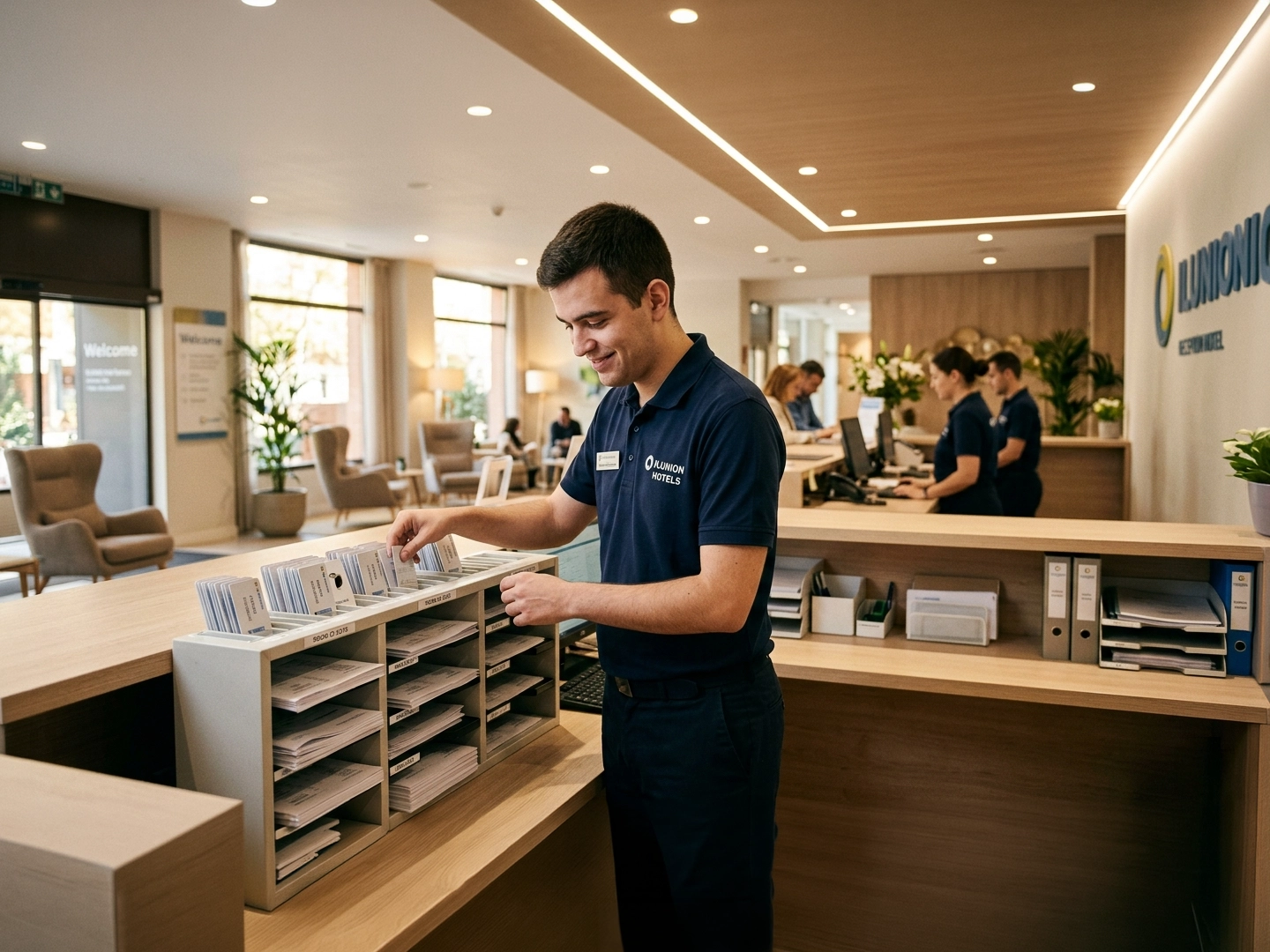 Mostrador de recepción en un espacio interior moderno y luminoso, con suelo y mobiliario de madera clara. En primer plano, una persona con uniforme oscuro organiza folletos o documentos en un mueble clasificador sobre el mostrador. Al fondo, varias personas con el mismo uniforme trabajan en puestos informáticos detrás del mostrador. La iluminación es cálida, con luces empotradas en el techo y plantas decorativas repartidas por la sala. En la pared derecha se ve el logotipo de ILUNION Hotels.