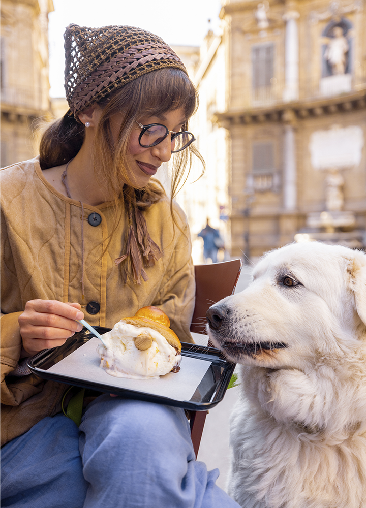 Persona sentada en una mesa al aire libre sostiene un plato con un postre de helado y un bollo mientras un perro grande de pelaje blanco observa de cerca el alimento; en primer plano se ve una cucharilla acercándose al postre, y al fondo aparecen edificios de piedra desenfocados y una plaza iluminada por luz natural cálida.