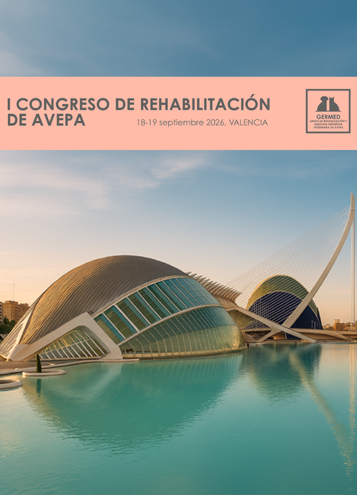 Cartel promocional con una banda superior en tono salmón que contiene el texto “I CONGRESO DE REHABILITACIÓN DE AVEPA” y debajo “18-19 septiembre 2026, VALENCIA”, acompañado a la derecha por el logotipo de GERMED con la silueta de un animal. En la parte inferior se extiende una fotografía de la Ciudad de las Artes y las Ciencias de Valencia, con edificios de formas curvas y futuristas junto a una lámina de agua turquesa que refleja la arquitectura, bajo un cielo despejado con luz cálida.